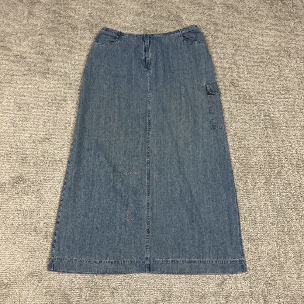 J Jill Skirt Denim Womens 14 Tall Maxi Jean Blue Cargo Pockets Side Slits Y2K 90